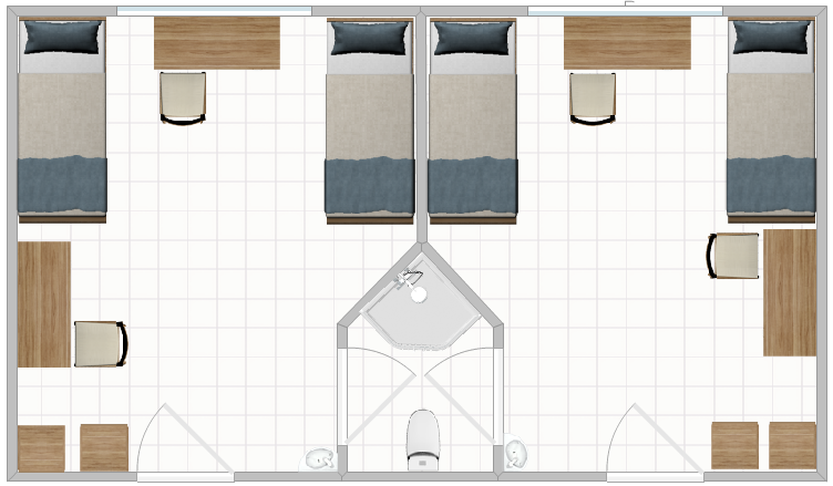 A typical Double Room in Blanton with a shared bathroom in between two doubles.