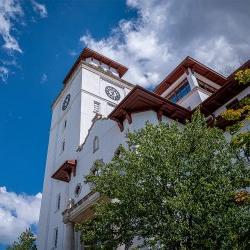 upward view of University Hall clock tower