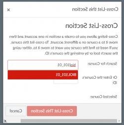 Screenshot of the cross-listing dialog showing a course ID selected