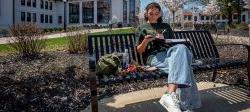 Picture of a student sitting on a campus bench working on a tablet.