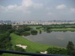 Aerial view of lake and skyline