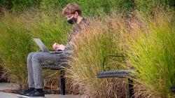 student sitting on a bench outside on their computer