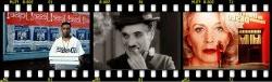 Collage film strip-style image including video stills from the films: All About My Mother, City Lights with Charlie Chaplain, and Do the Right Thing.