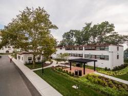 The exterior of Stone Hall from an elevated angle on a cloudy day.