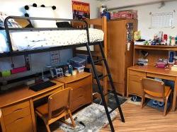 A Triple Unit in Stone Hall with a bunk bed and a desk underneath the bed.