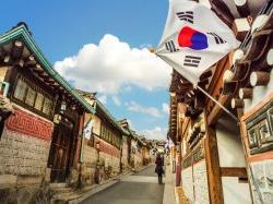 Photo of traditional Korean style architecture at Bukchon Hanok Village in Seoul, South Korea.